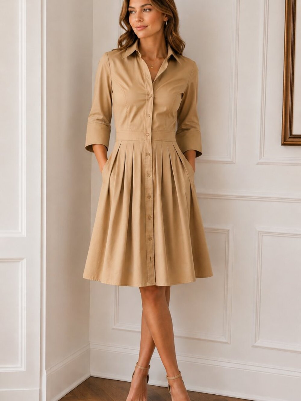 Ralph Lauren Collared Tan Dress | Pleated Skirt Detail | pockets, Old Money